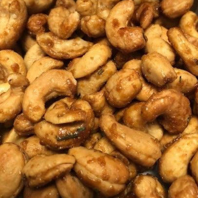Large cashews in a rosemary garlic maple glaze